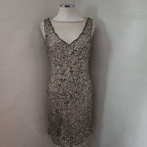 Boutique Embellished Sequin Sheath Dress V Neck Sleeveless Cocktail Party Sz 10